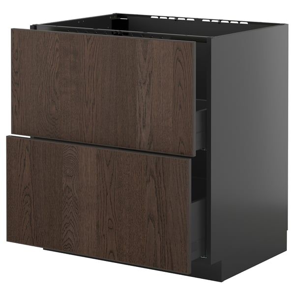 Armoire de cuisine moderne en brun foncé avec deux tiroirs et bordure en bois.