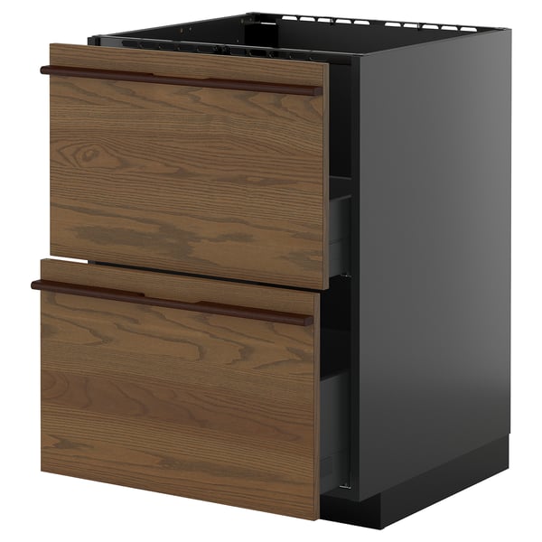Unité de cuisine moderne, façades en bois sombre, cadre noir, deux tiroirs, design élégant.