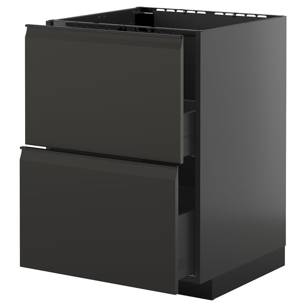Armoire de cuisine noire moderne avec deux tiroirs, poignée élégante et finition brillante.