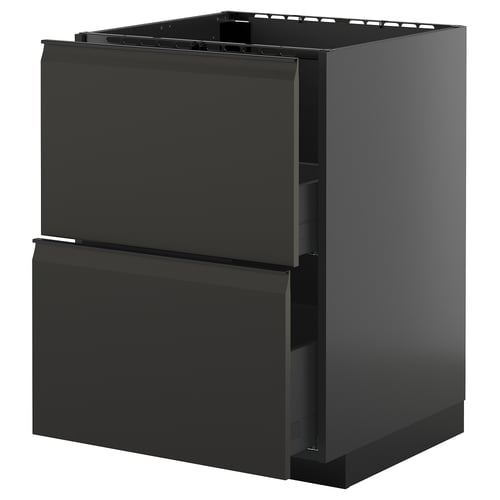 Armoire de cuisine noire moderne avec deux tiroirs, poignée élégante et finition brillante.