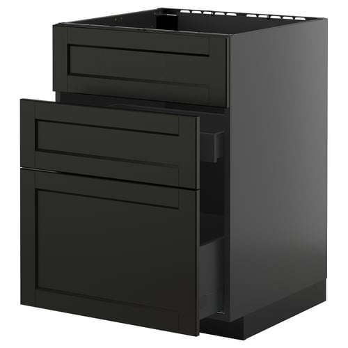 Armoire de cuisine noire moderne avec deux tiroirs et une étagère supérieure.