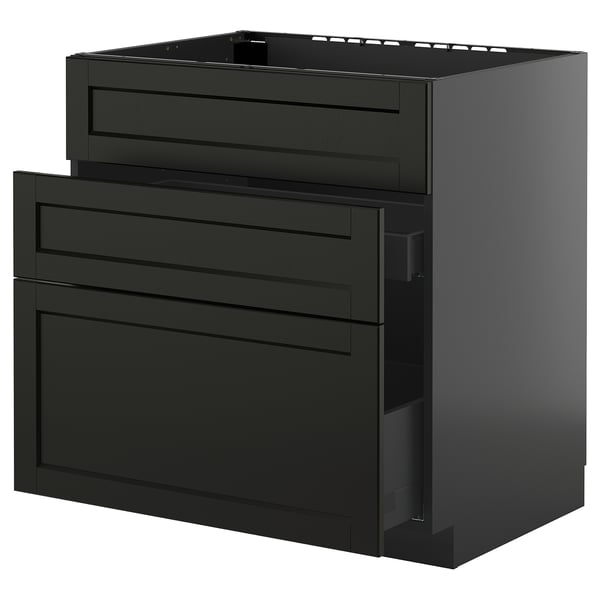 Armoire de cuisine METOD noire avec façades en lerhyttan teinté foncé, avec tiroirs à fonctionnement lisse.