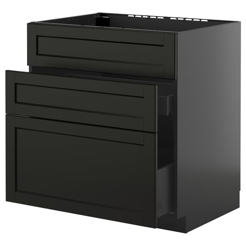 Armoire de cuisine METOD noire avec façades en lerhyttan teinté foncé, avec tiroirs à fonctionnement lisse.