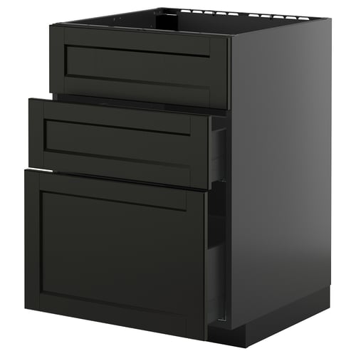 Armoire de cuisine noire avec trois tiroirs au design moderne, teinté foncé pour un style traditionnel.