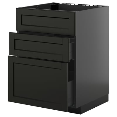Armoire de cuisine noire avec trois tiroirs au design moderne, teinté foncé pour un style traditionnel.