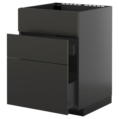 Une armoire de cuisine noire moderne avec trois tiroirs et un compartiment ouvert.