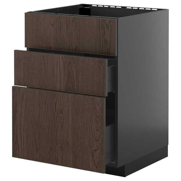 Une armoire de cuisine METOD moderne brun foncé avec trois tiroirs et un dessus en caisson. Il est plaqué de chêne et un design élégant.