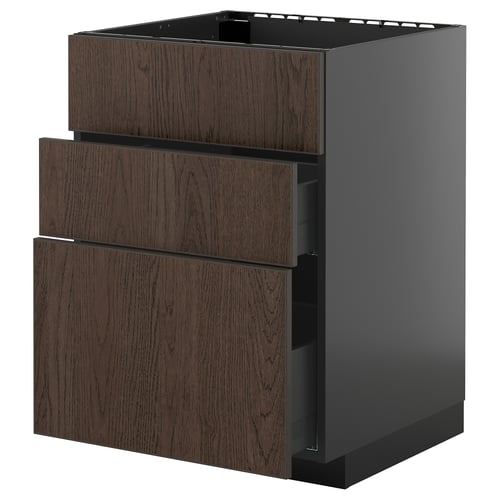 Une armoire de cuisine METOD moderne brun foncé avec trois tiroirs et un dessus en caisson. Il est plaqué de chêne et un design élégant.
