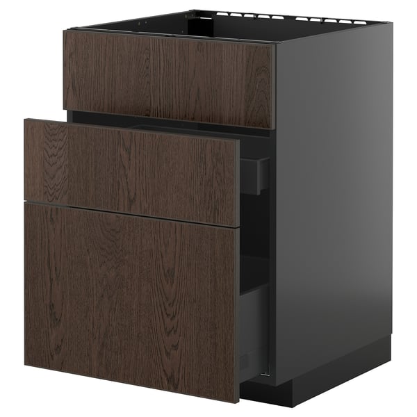 Armoire moderne en bois foncé, tiroir ouvert ; fait partie de la série de cuisines ikeas METOD.