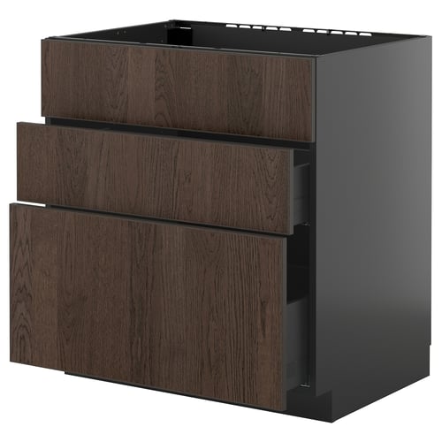 Unité de cuisine moderne, bois brun foncé, trois tiroirs, cadre gris, design élégant.