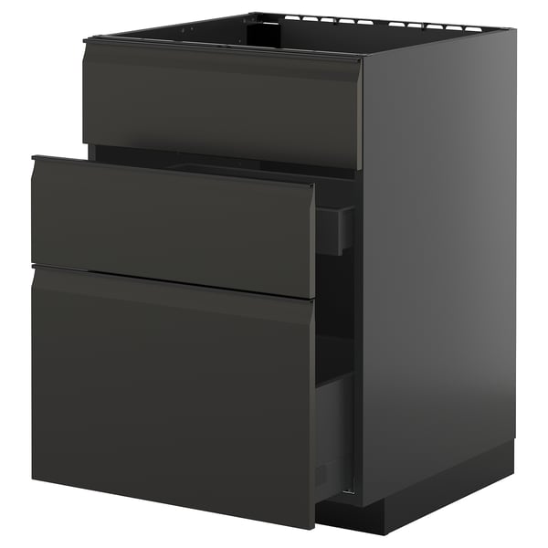 Armoire de cuisine noire moderne avec trois façades de tiroirs, finition élégante et brillante.