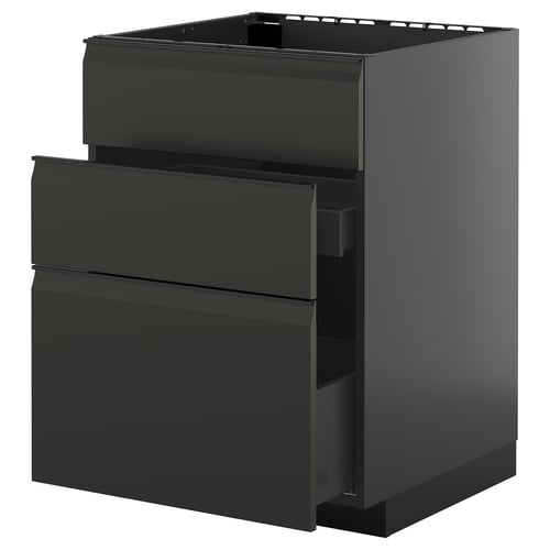 Armoire de cuisine noire moderne avec trois façades de tiroirs, finition élégante et brillante.