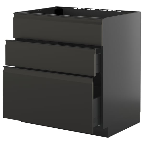 Unité de cuisine noire : METOD, finition brillante, rectangulaire avec trois tiroirs et poignées lisses.