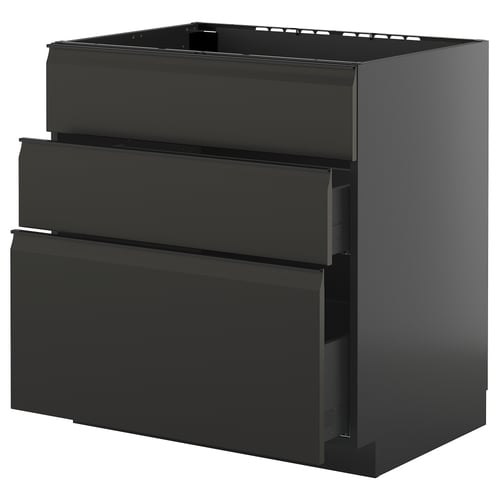 Unité de cuisine noire : METOD, finition brillante, rectangulaire avec trois tiroirs et poignées lisses.