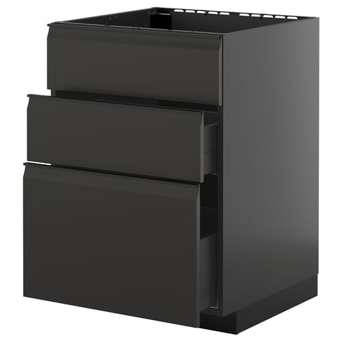 Nouveau meuble de cuisine moderne, série METOD en noir mat avec poignées intégrées, forme rectangulaire, trois tiroirs, matériaux de haute qualité.