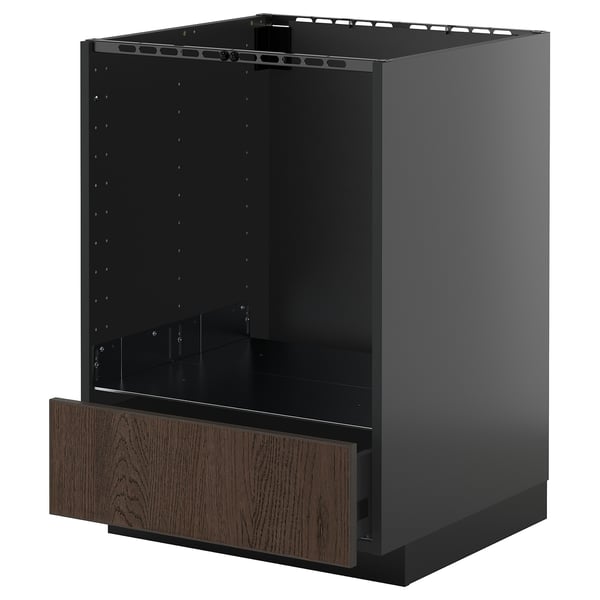 Une armoire de cuisine METOD noire avec un tiroir en bois texturé brun foncé. L’armoire a un design élégant et moderne avec un seul tiroir extensible.