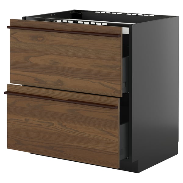 Armoire de cuisine moderne, brun foncé, finition bois, deux tiroirs, design élégant.