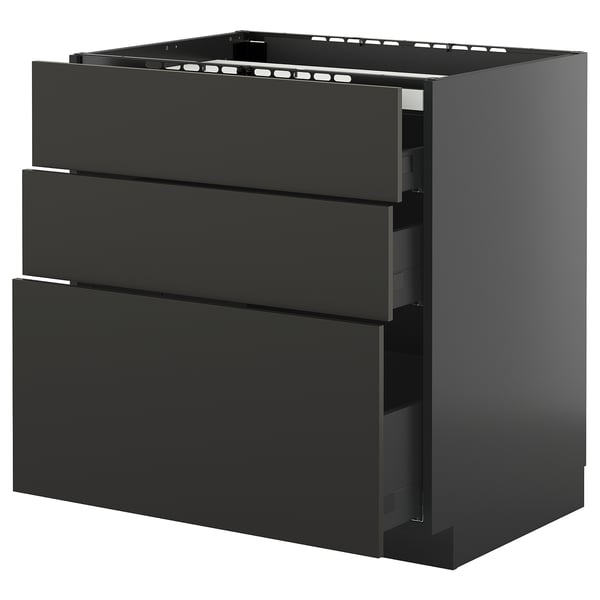 Meuble de cuisine moderne noir METOD avec trois tiroirs, finition brillante, forme rectangulaire.