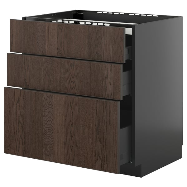 Armoire moderne en bois brun foncé avec trois tiroirs ouverts et des côtés noirs élégants.
