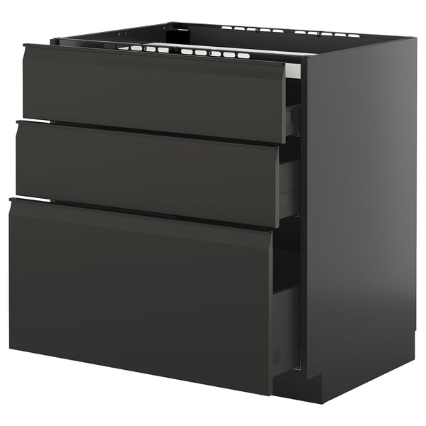 Armoire de cuisine noire moderne avec trois tiroirs et poignées intégrées élégantes.