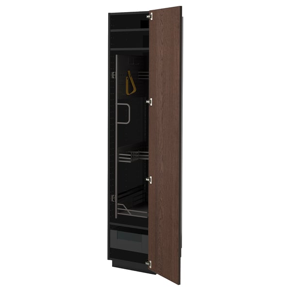 Armoire moderne en bois brun foncé avec intérieur noir, étagères réglables et tiroir à fermeture douce.