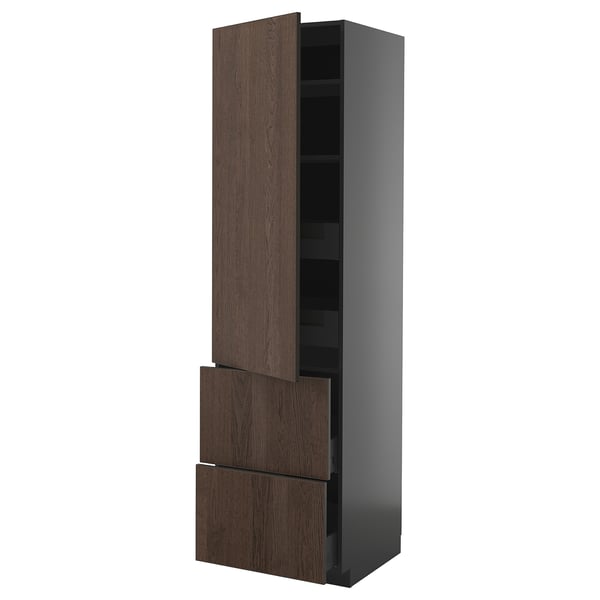 Unité de cuisine METOD, grande armoire en bois sombre avec trois tiroirs, design moderne.