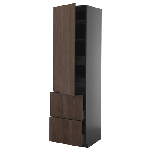 Unité de cuisine METOD, grande armoire en bois sombre avec trois tiroirs, design moderne.