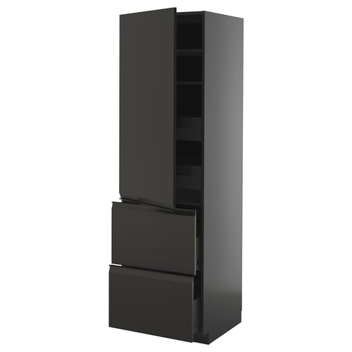 Armoire de cuisine moderne noire, haute avec tiroirs, finition mate élégante, poignées intégrées, étagères réglables.