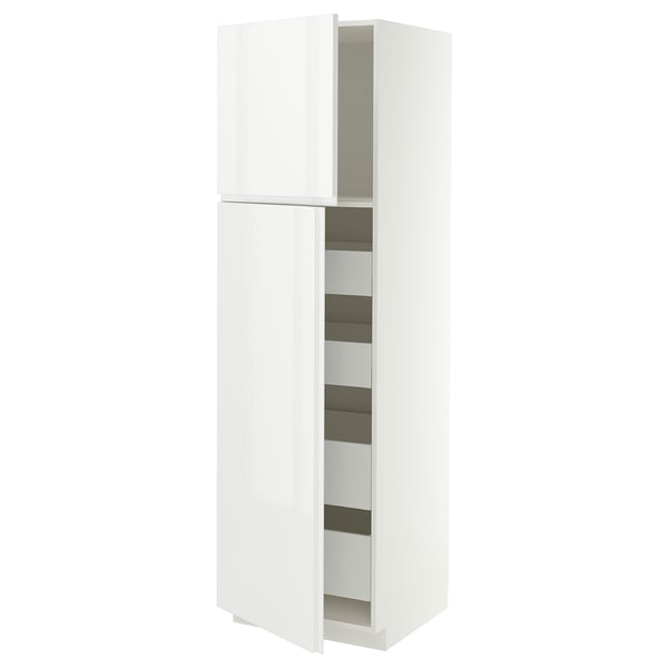 METOD / MAXIMERA Armoire 2 portes/4 tiroirs, blanc/VOXTORP blanc brillant poignée verticale, 60x60x200 cm