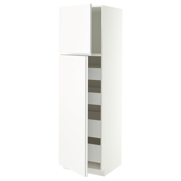METOD / MAXIMERA Armoire 2 portes/4 tiroirs, blanc/VOXTORP blanc mat poignée verticale, 60x60x200 cm