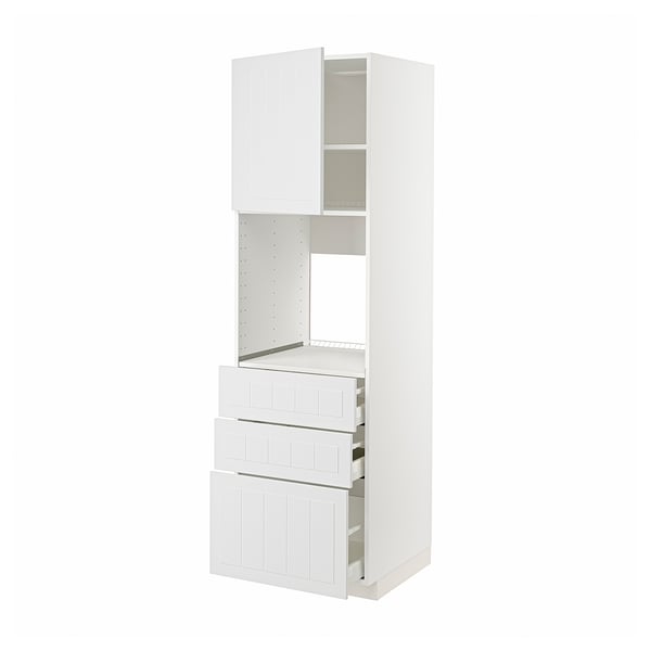 Unité de cuisine METOD blanche avec tiroir ouvert et armoire, design épuré.