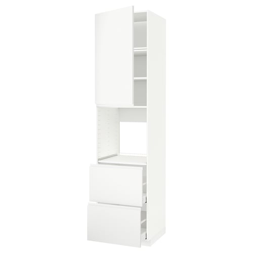 Un meuble de cuisine METOD blanc au design minimaliste, doté de poignées intégrées et de tiroirs faciles à utiliser.