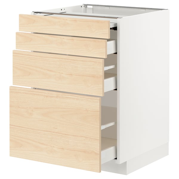 Cette image montre un meuble de cuisine ikea METOD avec des tiroirs en bois de frêne clair et un cadre blanc, avec plusieurs tiroirs coulissants.