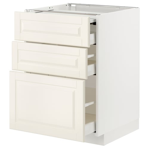 Armoire de cuisine METOD blanche avec trois tiroirs ouverts, bords biseautés.