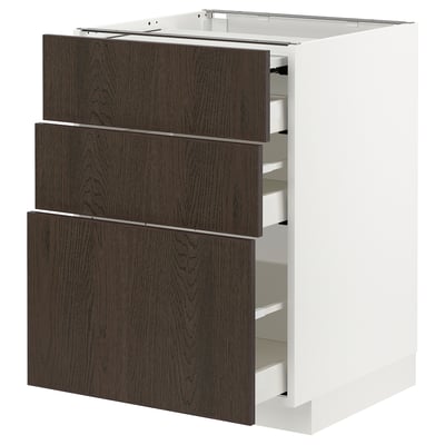 Unité de cuisine moderne, ligne METOD, avec tiroirs sinarp brun foncé, cadre blanc, design élégant.
