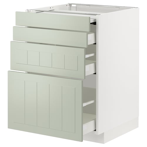 Il s’agit d’une armoire de cuisine METOD vert clair avec plusieurs tiroirs et étagères. Il est moderne et conçu pour le stockage.