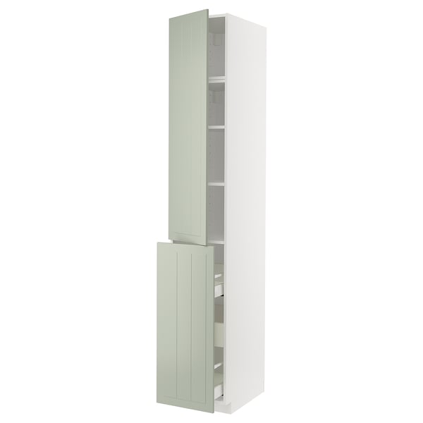 Une armoire de cuisine METOD avec des façades vertes en stendre, avec des étagères réglables, un tiroir coulissant et une garantie de 25 ans.