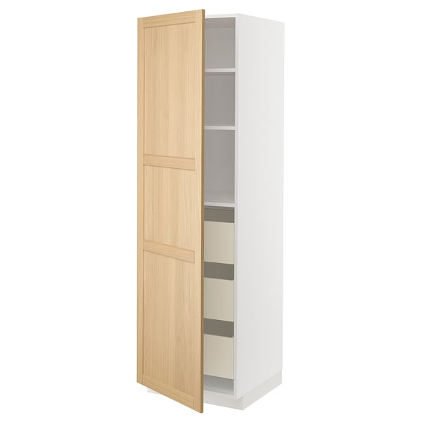 Armoire de cuisine blanche ouverte avec porte en chêne, trois étagères, design moderne.