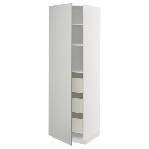 Une grande armoire de cuisine METOD blanche avec une porte ouverte, révélant trois étagères à l’intérieur. Design moderne et épuré, idéal pour le stockage.