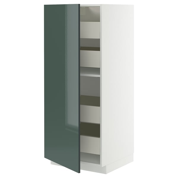 Armoire de cuisine moderne : METOD avec porte brillante gris-vert, blanche, rectangulaire, plusieurs tiroirs.