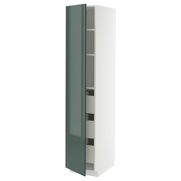 Armoire de cuisine moderne METOD en gris-vert brillant avec étagère et tiroir réglables, porte battante à gauche.