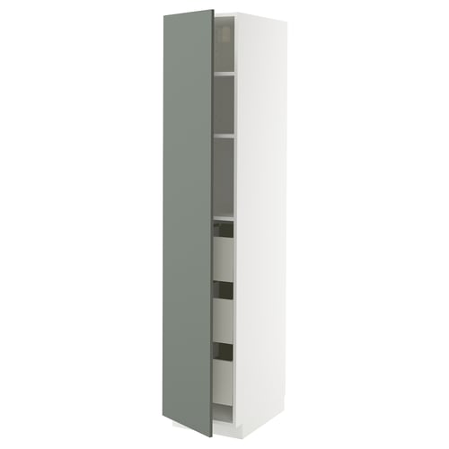 Armoire de cuisine verticale moderne en gris-vert avec étagère réglable et tiroir à fermeture en douceur.
