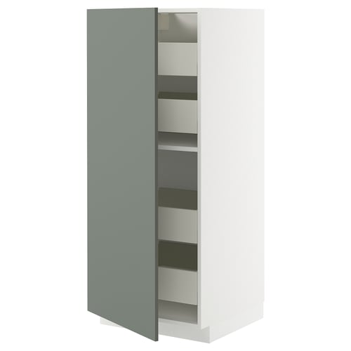 Armoire de cuisine moderne gris-vert avec plusieurs tiroirs et étagères.