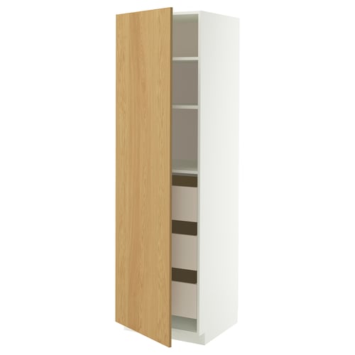 Armoire blanche METOD avec porte en chêne, haute, 4 étagères, articulée à droite.