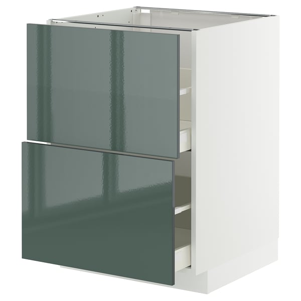Armoire de cuisine moderne METOD avec façades en kallarp gris-vert brillant, forme carrée, deux tiroirs, design élégant, poignées métalliques.