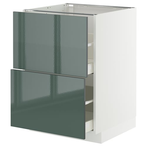 Armoire de cuisine moderne METOD avec façades en kallarp gris-vert brillant, forme carrée, deux tiroirs, design élégant, poignées métalliques.