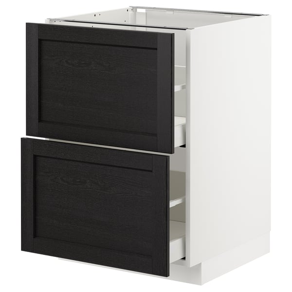 Armoire de cuisine METOD, tiroirs en bois teinté noir, cadre blanc, design carré.