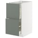 Armoire de cuisine moderne, METOD avec façades nickebo gris-vert, base blanche, deux tiroirs ouverts, design mince et élégant.