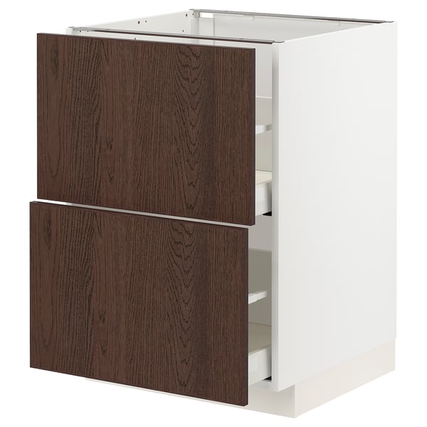 Bloc-tiroirs en bois brun foncé, cadre blanc. Deux grands tiroirs, cuisine moderne design.