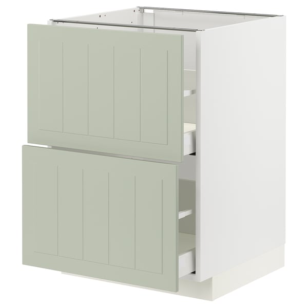Une armoire de cuisine METOD verte avec deux tiroirs et deux portes, dotée d’un aspect artisanal et d’une construction robuste.